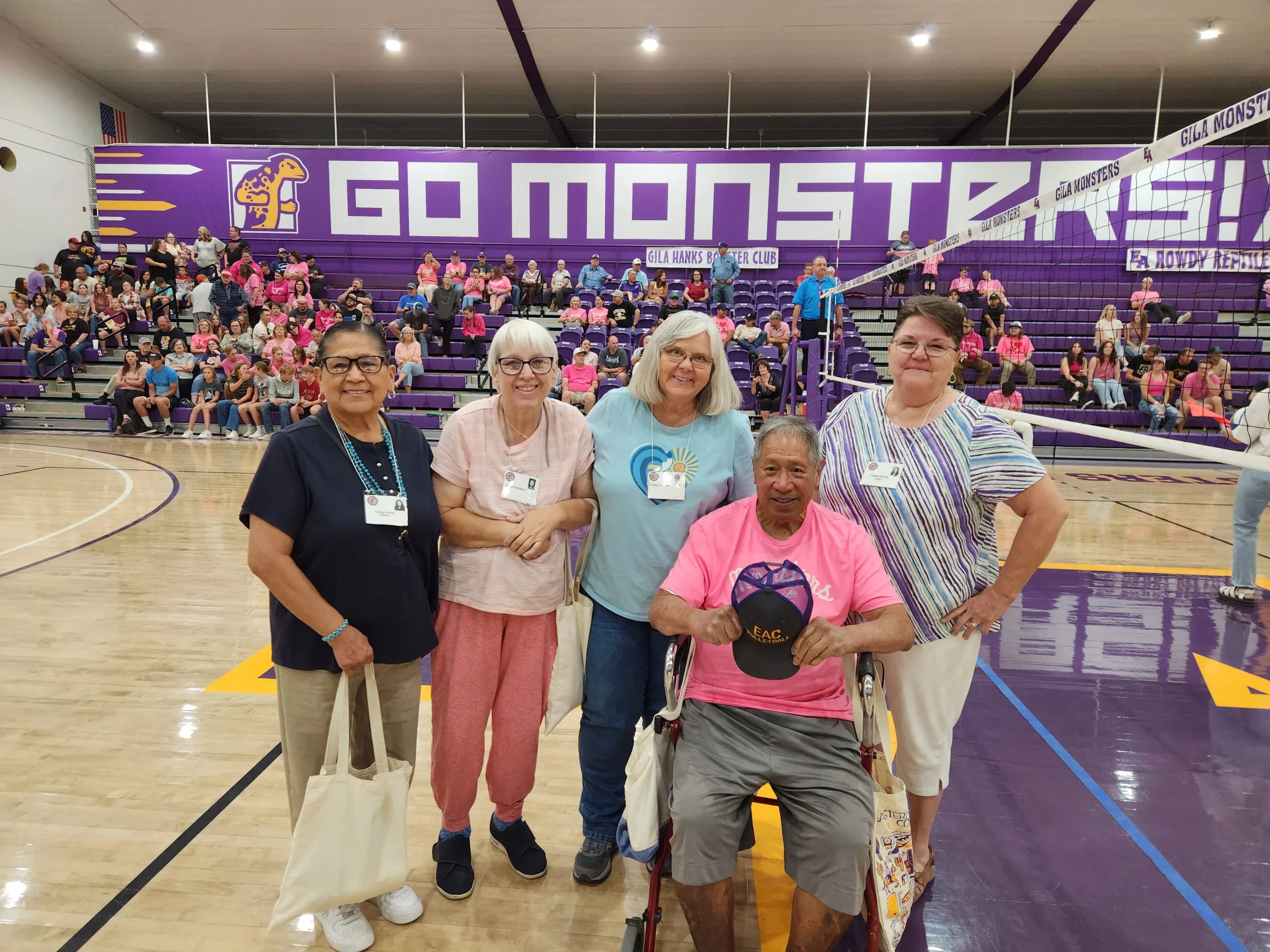 Eastern Arizona College’s 1973 Volleyball Team was honored for winning the AIAW national championship 50 years ago at a recent Gila Monster game against Pima Community College. Team members in attendance include: Amelia Owens Holtsoi, Janice Edington, Yvonne Johnson, Colleen Merrill Lunt, and Coach Gerry Hekekia.