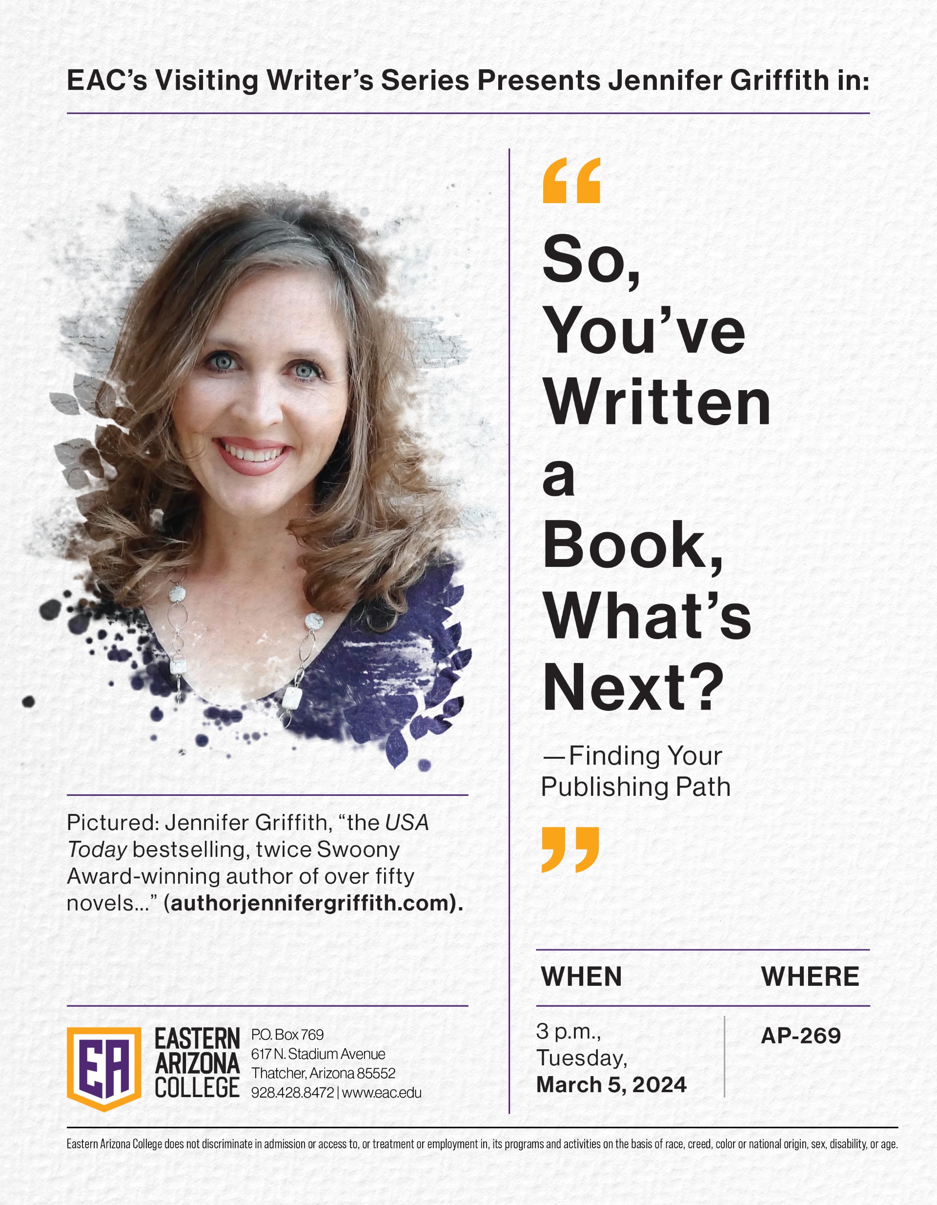 EA invites community to Visiting Writers Series Event featuring bestselling author Jennifer Griffith