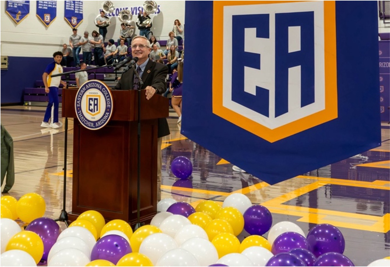EAC President Todd Haynie unveils two bachelor’s degrees at a pep rally press conference at EAC’s Guitteau Gymnasium. (Photo by Sophia Saldana/EAC)