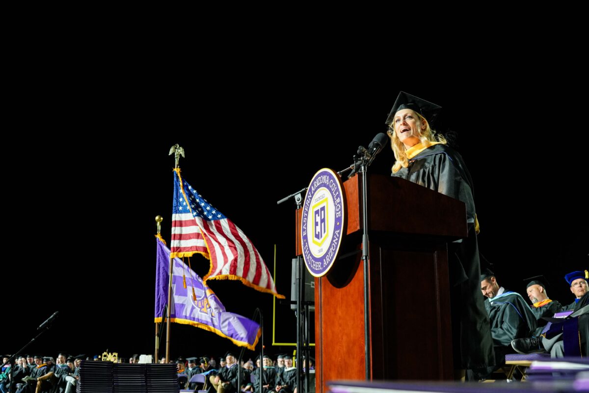 Arizona State Board of Education President Katherine Haley speaks during Eastern Arizona College’s 137th Commencement Ceremony