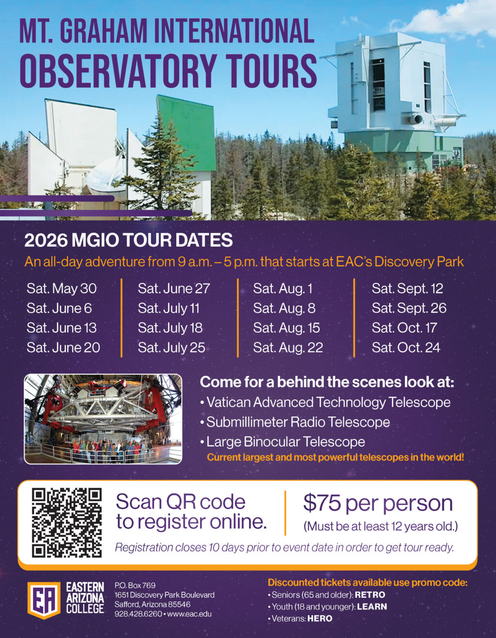 Visitors tour the Large Binocular Telescope during a Mount Graham International Observatory tour offered through EA Discovery Park. The 2026 tour season begins May 30 and provides rare behind-the-scenes access to three world-class research observatories atop Mount Graham.